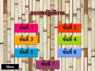 ผลการปฏิบัติงาน
ขั้นที่ 1
ขั้นที่ 3
ขั้นที่ 2
ขั้นที่ 4
ขั้นที่ 5 ขั้นที่ 6
ขั้นที่ 7Menu
 
