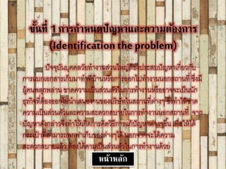 ขั้นที่ 1 การกาหนดปัญหาและความต้องการ
(Identification the problem)
ปัจจุบันบุคคลวัยทางานส่วนใหญ่ต้องประสบปัญหาเกี่ยวกับ
การแบกเอกสารเก็บมาทาที่บ้านหรือการออกไปทางานนอกสถานที่ ซึ่งมี
ผู้คนพลุกพล่าน ขาดความเป็นส่วนตัวในการทางานหรืออาจจะเป็นนัก
ธุรกิจที่ต้องออกไปนาเสนองานของบริษัทในสถานที่ต่างๆ ซึ่งทาให้ขาด
ความเป็นส่วนตัวและความสะดวกสบายในการทางานนอกสถานที่ จาก
ปัญหาดังกล่าวจึงทาให้เกิดการคิดวิธีการแก้ปัญหาต่างๆขึ้น เพื่อให้ได้
กระเป๋ าที่สามารถพกพาเก็บของต่างๆได้ นอกจากจะได้ความ
สะดวกสบายแล้ว ต้องได้คามเป็นส่วนตัวในการทางานด้วย
หน้าหลัก
 