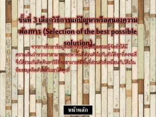 ขั้นที่ 3 เฉลือกวิธีการแก้ปัญหาหรือสนองความ
ต้องการ (Selection of the best possible
solution)จากการศึกษาข้อมูลและรวบรวมข้อมูลคณะผู้จัดทาได้มี
ความเห็นว่าหากเราสามารถพกพาพื้นที่ส่วนตัวไปกับตัวได้ทุกที่คงจะดี
จึงได้ร่วมกันคิดค้นหาวิธีที่จะสามารถมีพื้นที่ส่วนตัวที่เหมือนกับโต๊ะใน
ห้องสมุดติดตัวไปกับเราได้ทุกที่
หน้าหลัก
 