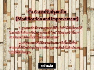 ขั้น 6 การปรับปรุงแก้ไข
(Modification and improvement)
1. ฐานกระเป๋ า มีความแคบมากเกินไป จึงทาให้เก็บสิ่งของได้
ไม่มากนัก จึงทาการตัดเย็บฐาน กระเป๋ าใหม่ ให้มีความกว้างขึ้นมาก
กว่าเดิมและใส่ฟองน้าเข้าไปเพื่อรองกันกระแทก
2.ปรับทรงกระเป๋ าให้มีความแข็งแรงมากยิ่งขึ้น เพื่อที่จะ
สามารถตั้งได้โดยไม่เอน โดยการเสริมกระดาษแข็งเข้าไปด้านในและ
ปรับให้มีตัวล็อคฐาน
หน้าหลัก
 