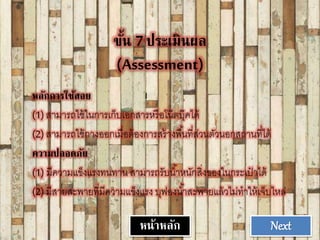 ขั้น 7 ประเฉมินผล
(Assessment)
หลักการใช้สอย
(1) สามารถใช้ในการเก็บเอกสารหรือโน๊ตบุ๊คได้
(2) สามารถใช้กางออกเมื่อต้องการสร้างพื้นที่ส่วนตัวนอกสถานที่ได้
ความปลอดภัย
(1) มีความแข็งแรงทนทาน สามารถรับน้าหนักสิ่งของในกระเป๋ าได้
(2) มีสายสะพายที่มีความแข็งแรง บุฟองน้าสะพายแล้วไม่ทาให้เจ็บไหล่
Nextหน้าหลัก
 