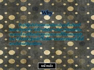 Why
ปัจจุบันผู้คนวัยทางานหลายคนประสบปัญหาเกี่ยวกับการที่
ต้องหอบนางานกลับมาทาที่บ้านหรือไม่ว่าจะเป็นการทางานนอกบ้าน
นอกสถานที่ รวมไปถึงการนาเสนองานนอกสถานที่ที่ต้องหอบของรุงรัง
ไปมา จึงคิดประดิษฐ์กระเป๋ านี้ขึ้น เพื่อความสะดวกสบายและเพิ่มพื้นที่
ความเป็นส่วนตัวในการทางาน
หน้าหลัก
 