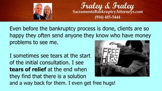 Even before the bankruptcy process is done, clients are so
happy they often send anyone they know who have money
problems to see me.
I sometimes see tears at the start
of the initial consultation. I see
tears of relief at the end when
they find that there is a solution
and a way back for them. I even get free hugs!

 