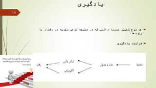 ‫یادگیری‬
‫ما‬ ‫رفتار‬ ‫در‬ ‫تجربه‬ ‫نوعی‬ ‫نتیجه‬ ‫در‬ ‫که‬ ‫دائمی‬ ‫نسبتا‬ ‫تغییر‬ ‫نوع‬ ‫هر‬
‫دهد‬ ‫رخ‬.
‫یادگیری‬ ‫فرآیند‬
14
 