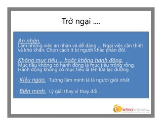 Trở ngại ....

An nhàn.
Làm những việc an nhàn và dễ dàng … Ngại việc cần thiết
và khó khăn. Chọn cách ít bị người khác phản đối.

Không mục tiêu … hoặc không hành động.
Mục tiêu không có hành động là mục tiêu trống rỗng.
Hành động không có mục tiêu là tên lửa lạc đường.

Kiêu ngạo. Tưởng lầm mình là là người giỏi nhất
Biện minh. Lý giải thay vì thay đổi.
 