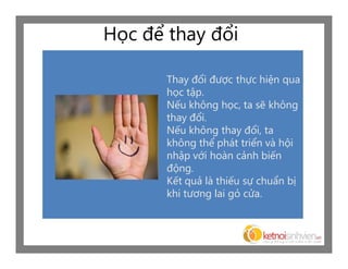 Học để thay đổi

       Thay đổi được thực hiện qua
       học tập.
       Nếu không học, ta sẽ không
       thay đổi.
       Nếu không thay đổi, ta
       không thể phát triển và hội
       nhập với hoàn cảnh biến
       động.
       Kết quả là thiếu sự chuẩn bị
       khi tương lai gỏ cửa.
 
