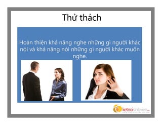 Thử thách

Hoàn thiện khả năng nghe những gì người khác
nói và khả năng nói những gì người khác muốn
                     nghe.
 