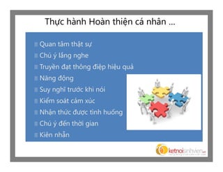 Thực hành Hoàn thiện cá nhân …

   Quan tâm thật sự
   Chú ý lắng nghe
   Truyền đạt thông điệp hiệu quả
   Năng động
   Suy nghĩ trước khi nói
   Kiểm soát cảm xúc
   Nhận thức được tình huống
   Chú ý đến thời gian
   Kiên nhẫn
 