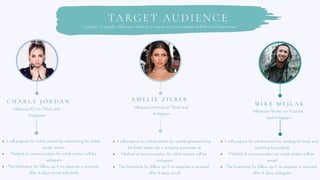 TARGET AUDIENCE
Category of people: Influencers seeking a unique and personalized real-life travel experience. 


C H A R L Y J O R D A N A M E L I E Z I L B E R
M I K E M E J L A K
Influencer/DJ on Tiktok and
Instagram
Influencer/Activist on Tiktok and
Instagram
Influencer/Writer on Youtube
and Instagram


I will prepare for initial contact by watching/researching
the latest topics she is bringing awareness to.
Method of communication for initial contact will be
instagram
The timeframe for follow up if no response is received:
after 4 days, email


I will prepare for initial contact by researching her latest
career moves.
Method of communication for initial contact will be
instagram
The timeframe for follow up if no response is received:
after 4 days, email and tiktok


I will prepare for initial contact by reading his book and
watching his podcast.
Method of communication for initial contact will be
email
The timeframe for follow up if no response is received:
after 4 days, instagram
 
