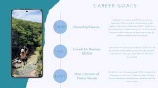 C A R E E R G O A L S
I will begin my masters at Full Sail university by
September 2023, as well as an internship in public
relations. After this, by September 2024, I will start my
second internship in Mexico working for one of my family
businesses while simultaneously beginning to make the
relations needed to start my business.
SHORT
I plan to launch my business in February 2025. This will
be a couple months before spring break allowing some
trial customers to bring in more clients for that year's
spring break.
MID
LONG
By the time I am 40, approximately 2042, my goal is to
have passive income from 5 different sectors including
tourism, restaurants, event planning, real estate, and the
stock market.
Internship/Masters
Launch My Business
REALit
Have 5 Streams of
Passive Income
 