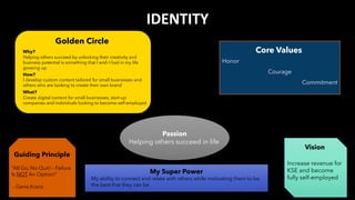 IDENTITY
Core Values
Honor
Courage
Commitment
Golden Circle
Why?
How?
What?
Passion
Helping others succeed in life
My Super Power
My ability to connect and relate with others while motivating them to be
the best that they can be
“All Go, No Quit! – Failure
Is NOT An Option!”
- Gene Kranz
Increase revenue for
KSE and become
fully self-employed
Guiding Principle
Vision
Create digital content for small businesses, start-up
companies and individuals looking to become self-employed
I develop custom content tailored for small businesses and
others who are looking to create their own brand
Helping others succeed by unlocking their creativity and
business potential is something that I wish I had in my life
growing up
Source: Simon Sinek's TED Talk on the Golden Circle
 