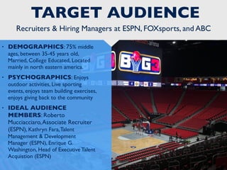 • DEMOGRAPHICS: 75% middle
ages, between 35-45 years old,
Married, College Educated, Located
mainly in north eastern america.
• PSYCHOGRAPHICS: Enjoys
outdoor activities, Live sporting
events, enjoys team building exercises,
enjoys giving back to the community
• IDEAL AUDIENCE
MEMBERS: Roberto
Mucciacciaro,Associate Recruiter
(ESPN), Kathryn Fara,Talent
Management & Development
Manager (ESPN), Enrique G.
Washington, Head of Executive Talent
Acquistion (ESPN)
Recruiters & Hiring Managers at ESPN, FOXsports, and ABC
TARGET AUDIENCE
 