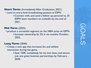 GOALS
Short Term: (Immediately After Graduation, 2021)
• Land an entry-level broadcasting position at ESPN.
‣Connect with, and send a follow up personal to, 35
ESPN team members on LinkedIn by the end of
2021.
Mid Term: (2025)
• produce a successful segment on the NBA jump on ESPN.
‣Increase viewership by 2% in six months October,
2025.
Long Term: (2040)
• Create a new app that increases fan and athlete
interaction during the game.
‣Save 150K, completely be my own boss, and secure
just one great business partnerships by February ,
2040.
 