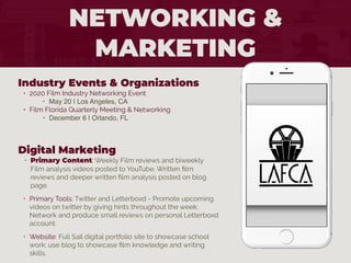 NETWORKING &
MARKETING
Industry Events & Organizations
• 2020 Film Industry Networking Event
‣ May 20 | Los Angeles, CA
• Film Florida Quarterly Meeting & Networking
‣ December 6 | Orlando, FL
Digital Marketing
• Primary Content: Weekly Film reviews and biweekly
Film analysis videos posted to YouTube. Written ﬁlm
reviews and deeper written ﬁlm analysis posted on blog
page.
• Primary Tools: Twitter and Letterboxd - Promote upcoming
videos on twitter by giving hints throughout the week;
Network and produce small reviews on personal Letterboxd
account.
• Website: Full Sail digital portfolio site to showcase school
work; use blog to showcase ﬁlm knowledge and writing
skills.
 