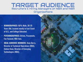 • DEMOGRAPHICS: 60% Male, 30-35
Years Old, Located mostly in East Coast
of U.S., and College Educated.
• PSYCHOGRAPHICS: Driven, Passionate,
Fan Focused, NBA fans.
• IDEAL AUDIENCE MEMBERS: Dave Berry,
Director of Technical Operations (NBA),
Coleen Kane, Director of Emerging
Technologies (NBA),
Recruiters & Hiring Managers at NBA and NBA
Organizations
TARGET AUDIENCE
 