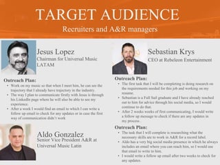 Recruiters and A&R managers
TARGET AUDIENCE
Jesus Lopez
Outreach Plan:
• Work on my music so that when I meet him, he can see the
trajectory that I already have trajectory in the industry.
• The way I plan to communicate firstly with Jesus is through
his LinkedIn page where he will also be able to see my
experience.
• After a week I would find an email to which I can write a
follow up email to check for any updates or in case the first
way of communication didn’t work
PROFILE
PICTURE Chairman for Universal Music
LATAM
Sebastian Krys
Outreach Plan:
• The first task that I will be completing is doing research on
the requirements needed for this job and working on my
resume.
• Sebastian is a Full Sail graduate and I have already reached
out to him for advice through his social media, so I would
continue to do that.
• After 2 weeks weeks of first communicating, I would write
a follow up message to check if there are any updates in
my process .
PROFILE
PICTURE CEO at Rebeleon Entertainment
Aldo Gonzalez
Outreach Plan:
• The task that I will complete is researching what the
necessary skills are to work in A&R for a record label.
• Aldo has a very big social media presence in which he always
includes an email where you can reach him, so I would use
that email to write to him.
• I would write a follow up email after two weeks to check for
any updates.
PROFILE
PICTURE
Senior Vice President A&R at
Universal Music Latin
 
