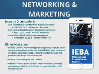 NETWORKING &
MARKETING
Industry Organizations
• 2019 International Entertainment Buyers Association
‣ Oct 27-29, 2019 | JW Marriott, Nashville
• International Artist Manager’s Association Conference
‣ April 22-24, 2020 | L’Auditori, Barcelona
• Association of Festival Organizers Conference
‣ November 8-10, 2019 | Stratford Manor, UK
Digital Marketing
• Primary Content: Monthly blog posts and possibly YouTube videos
showing the way in which I acquire new skills through schoolwork
and professional experience, including volunteering work and
potential internships and full-time jobs.
• Primary Tools: Instagram and Linkedin.
• Website: Full Sail digital portfolio site to showcase knowledge
and experience in the music industry, as well as insights from
shows I work at.
 