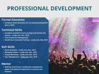 PROFESSIONAL DEVELOPMENT
Mentor
• Seeking veteran tour & production management
expert with plenty of experience in concerts and
festivals.
Formal Education
• Complete Music Business, B.S. by expected graduation
date in 2020
Technical Skills
• Autodesk AutoCAD to work on stage and festival site
layouts - Lynda.com, Nov. 2019
• Tech Production Management
• WordPress 5 Essential Training - Lynda.com, May 2019
Soft Skills
• Music Business - Lynda.com, Nov. 2019
• Managing Teams - Lynda.com, Nov. 2019
• Target Marketing - Lynda.com, Nov. 2019
• Tour Management - lynda.com, Nov. 2019
 