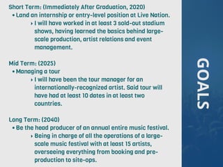 GOALS
Short Term: (Immediately After Graduation, 2020)
•Land an internship or entry-level position at Live Nation.
‣ I will have worked in at least 3 sold-out stadium
shows, having learned the basics behind large-
scale production, artist relations and event
management.
Mid Term: (2025)
•Managing a tour
‣ I will have been the tour manager for an
internationally-recognized artist. Said tour will
have had at least 10 dates in at least two
countries.
Long Term: (2040)
•Be the head producer of an annual entire music festival.
‣ Being in charge of all the operations of a large-
scale music festival with at least 15 artists,
overseeing everything from booking and pre-
production to site-ops.
 