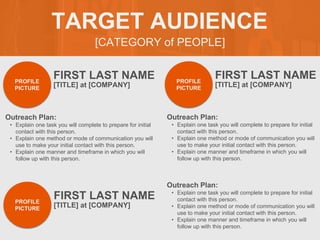 [CATEGORY of PEOPLE]
TARGET AUDIENCE
FIRST LAST NAME
Outreach Plan:
• Explain one task you will complete to prepare for initial
contact with this person.
• Explain one method or mode of communication you will
use to make your initial contact with this person.
• Explain one manner and timeframe in which you will
follow up with this person.
PROFILE
PICTURE
[TITLE] at [COMPANY]
FIRST LAST NAME
Outreach Plan:
• Explain one task you will complete to prepare for initial
contact with this person.
• Explain one method or mode of communication you will
use to make your initial contact with this person.
• Explain one manner and timeframe in which you will
follow up with this person.
PROFILE
PICTURE
[TITLE] at [COMPANY]
FIRST LAST NAME
Outreach Plan:
• Explain one task you will complete to prepare for initial
contact with this person.
• Explain one method or mode of communication you will
use to make your initial contact with this person.
• Explain one manner and timeframe in which you will
follow up with this person.
PROFILE
PICTURE [TITLE] at [COMPANY]
 