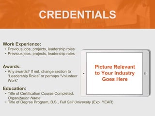 CREDENTIALS
Work Experience:
• Previous jobs, projects, leadership roles
• Previous jobs, projects, leadership roles
Education:
• Title of Certification Course Completed,
Organization Name
• Title of Degree Program, B.S., Full Sail University (Exp. YEAR)
Awards:
• Any awards? If not, change section to
“Leadership Roles” or perhaps “Volunteer
Work”
Picture Relevant
to Your Industry
Goes Here
 
