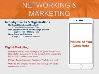 NETWORKING &
MARKETING
Industry Events & Organizations
• Northwest High School Football
‣ Date- TBA | Mcdermott, Ohio
• New England Patriots vs Pittsburgh Steelers
‣ Sept 18, 1:00 PM Heniz Field
• Notre Dame vs Ohio State
‣ Sept 3, 7:30 PM Ohio Stadium
Digital Marketing
• Primary Content: Video Footage of the game, Inside Locker
Room before the game. To create the start of the season long
highlight clip for players and teams.
• Primary Tools: Instagram, Facebook, YouTube and Hudl.
• Website: This will grow my skills and brand up with talk to
coaches and scouts.
Picture of You
Goes Here
 