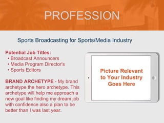 PROFESSION
Potential Job Titles:
• Broadcast Announcers
• Media Program Director's
• Sports Editors
BRAND ARCHETYPE - My brand
archetype the hero archetype. This
archetype will help me approach a
new goal like finding my dream job
with confidence also a plan to be
better than I was last year.
Sports Broadcasting for Sports/Media Industry
Picture Relevant
to Your Industry
Goes Here
 