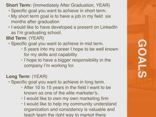 GOALS
Short Term: (Immediately After Graduation, YEAR)
 

• Speci
fi
c goal you want to achieve in short term.
 

• My short term goal is to have a job in my
fi
eld six
months after graduation
 

• I would like to have developed a present on LinkedIn
as I’m graduating school
.

Mid Term: (YEAR
)

• Speci
fi
c goal you want to achieve in mid term
.

‣ 5 years into my career I hope to be well known
for my skills and capability
 

‣ I hope to have a bigger responsibility in the
company I’m working for.
 

Long Term: (YEAR
)

• Speci
fi
c goal you want to achieve in long term
.

‣ After 10 to 15 years in the
fi
eld I want to be
known as one of the elite marketer’s.
 

‣ I would like to own my own marketing
fi
rm
 

‣ I would like to help my community understand
organization and consistency is valuable and
teach team the right way to market there
 