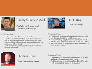 Jeremy Salome, CSM
Outreach Plan:


• I will reach out to this person via Linkin


• A method of communication I will do is reach out to
him by maybe commenting on a few post and then
message him explain what my goal is and ask for his
advice and if he will help


• I will reach out to Jeremy right away and continue
through my career.
Bachelor of Science with
Colorado, University
Bill Gates
Outreach Plan:


• I will reach out by email and explain who and what I
am doing and ask if he could mentor me


• I would look up his phone number and call if that
doesn’t work then I will reach out to him via LinkIn


• The time frame for this would be right away never to
soon to learn things.
PROFILE
PICTURE CEO, Microsoft
Thomas Ross Outreach Plan:


• I will gather up some info about what it is he does
and write down the questions I have


• I will reach out to him through his LinkIN pro
fi
le


• I will do this a little closer to Graduation
Digital Certi
fi
cation Expert
 