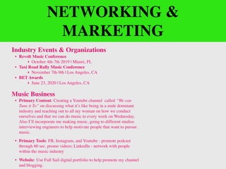 NETWORKING &
MARKETING
Industry Events & Organizations
• Revolt Music Conference
‣ October 4th-7th 2019 | Miami, FL
• Taxi Road Rally Music Conference
‣ November 7th-9th | Los Angeles, CA
• BET Awards
‣ June 23, 2020 | Los Angeles, CA
Music Business
• Primary Content: Creating a Youtube channel called “We can
Tune it To” on discussing what it’s like being in a male dominant
industry and reaching out to all my woman on how we conduct
ourselves and that we can do music to every week on Wednesday.
Also I’ll incorporate me making music, going to different studios
interviewing engineers to help motivate people that want to pursue
music.
• Primary Tools: FB, Instagram, and Youtube - promote podcast
through 60 sec. promo videos; LinkedIn - network with people
within the music industry
• Website: Use Full Sail digital portfolio to help promote my channel
and blogging.
 