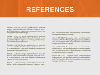 REFERENCES
Mitchell, J.A. (2017). Changes to citation formats shake the
research world. The Mendeley Telegraph, Research News,
pp.9. Retrieved from https://www.mendeley.com/reference-
management/reference-manager
Mitchell, J.A. (2017). Changes to citation formats shake the
research world. The Mendeley Telegraph, Research News,
pp.9. Retrieved from https://www.mendeley.com/reference-
management/reference-manager
Mitchell, J.A. (2017). Changes to citation formats shake the
research world. The Mendeley Telegraph, Research News,
pp.9. Retrieved from https://www.mendeley.com/reference-
management/reference-manager
Mitchell, J.A. (2017). Changes to citation formats shake the
research world. The Mendeley Telegraph, Research News,
pp.9. Retrieved from https://www.mendeley.com/reference-
management/reference-manager
Mitchell, J.A. (2017). Changes to citation formats shake the
research world. The Mendeley Telegraph, Research News,
pp.9. Retrieved from https://www.mendeley.com/reference-
management/reference-manager
Mitchell, J.A. (2017). Changes to citation formats shake the
research world. The Mendeley Telegraph, Research News,
pp.9. Retrieved from https://www.mendeley.com/reference-
management/reference-manager
Mitchell, J.A. (2017). Changes to citation formats shake the
research world. The Mendeley Telegraph, Research News,
pp.9. Retrieved from https://www.mendeley.com/reference-
management/reference-manager
Mitchell, J.A. (2017). Changes to citation formats shake the
research world. The Mendeley Telegraph, Research News,
pp.9. Retrieved from https://www.mendeley.com/reference-
management/reference-manager
 