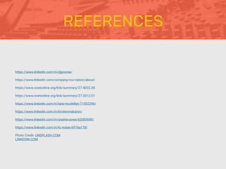 REFERENCES
https://www.linkedin.com/in/djgoonie/
https://www.linkedin.com/company/roc-nation/about/
https://www.onetonline.org/link/summary/27-4032.00
https://www.onetonline.org/link/summary/27-2012.01
https://www.linkedin.com/in/tara-mcclellan-71552396/
https://www.linkedin.com/in/kirstenmakarov/
https://www.linkedin.com/in/sophie-jones-b2085689/
https://www.linkedin.com/in/kc-estes-6976a178/
Photo Credit- UNSPLASH.COM
LINKEDIN.COM
 