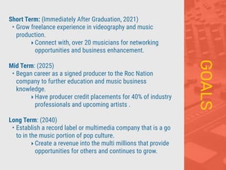 GOALS
Short Term: (Immediately After Graduation, 2021)
• Grow freelance experience in videography and music
production.
‣Connect with, over 20 musicians for networking
opportunities and business enhancement.
Mid Term: (2025)
• Began career as a signed producer to the Roc Nation
company to further education and music business
knowledge.
‣Have producer credit placements for 40% of industry
professionals and upcoming artists .
Long Term: (2040)
• Establish a record label or multimedia company that is a go
to in the music portion of pop culture.
‣Create a revenue into the multi millions that provide
opportunities for others and continues to grow.
 