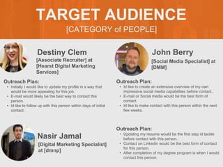 [CATEGORY of PEOPLE]
TARGET AUDIENCE
Destiny Clem
Outreach Plan:
• Initially I would like to update my profile in a way that
would be more appealing for this job.
• E-mail would likely be the best way to contact this
person.
• Id like to follow up with this person within days of initial
contact.
PROFILE
PICTURE [Associate Recruiter] at
[Hearst Digital Marketing
Services]
John Berry
Outreach Plan:
• Id like to create an extensive overview of my own
impressive social media capabilities before contact..
• E-mail or Social media would be the best form of
contact.
• Id like to make contact with this person within the next
few weeks.
PROFILE
PICTURE [Social Media Specialist] at
[DMM]
Nasir Jamal
Outreach Plan:
• Updating my resume would be the first step id tackle
before contact with this person.
• Contact on Linkedin would be the best form of contact
for this person.
• After completion of my degree program is when I would
contact this person.
PROFILE
PICTURE [Digital Marketing Specialist]
at [dmnp]
 