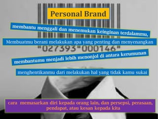 Personal Brand


Membuatmu berani melakukan apa yang penting dan menyenangkan




    menghentikanmu dari melakukan hal yang tidak kamu sukai




cara memasarkan diri kepada orang lain, dan persepsi, perasaan,
              pendapat, atau kesan kepada kita
 