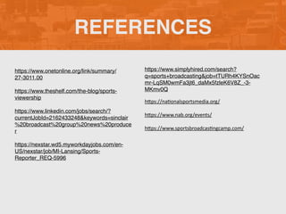 REFERENCES
https://www.onetonline.org/link/summary/
27-3011.00
https://www.theshelf.com/the-blog/sports-
viewership
https://www.linkedin.com/jobs/search/?
currentJobId=2162433248&keywords=sinclair
%20broadcast%20group%20news%20produce
r
https://nexstar.wd5.myworkdayjobs.com/en-
US/nexstar/job/MI-Lansing/Sports-
Reporter_REQ-5996
https://www.simplyhired.com/search?
q=sports+broadcasting&job=tTURh4KYSnOac
mr-LqSM0wmFa3jt6_daMx5fzleK6V8Z_-3-
MKmv0Q
hKps://naGonalsportsmedia.org/
hKps://www.nab.org/events/
hKps://www.sportsbroadcasGngcamp.com/
 