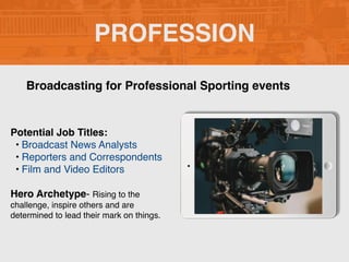 PROFESSION
Potential Job Titles:
• Broadcast News Analysts
• Reporters and Correspondents
• Film and Video Editors
Hero Archetype- Rising to the
challenge, inspire others and are
determined to lead their mark on things.
Broadcasting for Professional Sporting events
 