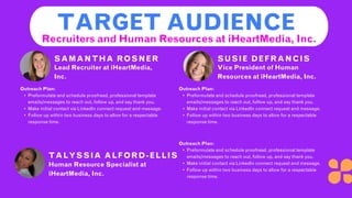 TARGET AUDIENCE
SAMANTHA ROSNER
Lead Recruiter at iHeartMedia,
Inc.
SUSIE DEFRANCIS
Vice President of Human
Resources at iHeartMedia, Inc.
TALYSSIA ALFORD-ELLIS
Human Resource Specialist at
iHeartMedia, Inc.
Outreach Plan:
• Preformulate and schedule proofread, professional template
emails/messages to reach out, follow up, and say thank you.
• Make initial contact via LinkedIn connect request and message.
• Follow up within two business days to allow for a respectable
response time.
Outreach Plan:
• Preformulate and schedule proofread, professional template
emails/messages to reach out, follow up, and say thank you.
• Make initial contact via LinkedIn connect request and message.
• Follow up within two business days to allow for a respectable
response time.
Outreach Plan:
• Preformulate and schedule proofread, professional template
emails/messages to reach out, follow up, and say thank you.
• Make initial contact via LinkedIn connect request and message.
• Follow up within two business days to allow for a respectable
response time.
Recruiters and Human Resources at iHeartMedia, Inc.
 