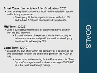 GOALS
Short Term: (Immediately After Graduation, 2020)
• Land an entry-level position at a local radio or television station
and build my experience.
‣ Develop my Linkedin page to increase traffic by 15%
and to have 5-10 solid connections by graduation.
Mid Term: (2025)
• Land a successful intermediate or experienced level position
with the SEC Network.
‣ Expand my level of experience within the company to
advance my career and position as well as develop my
social media following by 30%.
Long Term: (2040)
• Establish my own show within the company or a position as full
time announcer for all of the prime time games in the NCAA or
NFL.
‣ I want to be in the running for the Emmy award for “Best
Sports Coverage” as well as have a savings of $100,000
to put my children through college.
 