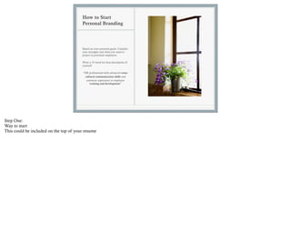 How to Start
                                        Personal Branding



                                        Based on your personal goals: Consider
                                        your strengths and what you want to
                                        project to potential employers

                                        Write a 15 word (or less) description of
                                        yourself

                                         “HR professional with advanced cross-
                                          cultural communication skills and
                                           extensive experience in employee
                                              training and development”

                                         




Step One:
Way to start
This could be included on the top of your resume
 
