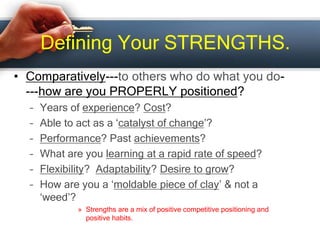 Defining Your STRENGTHS.
• Comparatively---to others who do what you do-
---how are you PROPERLY positioned?
– Years of experience? Cost?
– Able to act as a ‘catalyst of change’?
– Performance? Past achievements?
– What are you learning at a rapid rate of speed?
– Flexibility? Adaptability? Desire to grow?
– How are you a ‘moldable piece of clay’ & not a
‘weed’?
» Strengths are a mix of positive competitive positioning and
positive habits.
 