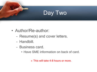 Day Two
• Author/Re-author:
– Resume(s) and cover letters.
– Handbill.
– Business card.
• Have SME information on back of card.
» This will take 4-8 hours or more.
 