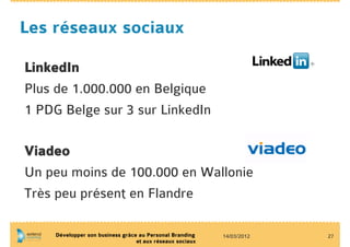 Les réseaux sociaux

LinkedIn
Plus de 1.000.000 en Belgique
1 PDG Belge sur 3 sur LinkedIn

Viadeo
Un peu moins de 100.000 en Wallonie
Très peu présent en Flandre

     Développer son business grâce au Personal Branding    14/03/2012   27
                                  et aux réseaux sociaux
 