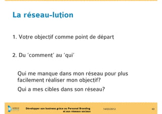 La réseau-lution

1. Votre objectif comme point de départ

2. Du ‘comment’ au ‘qui’


  Qui me manque dans mon réseau pour plus
  facilement réaliser mon objectif?
  Qui a mes cibles dans son réseau?

     Développer son business grâce au Personal Branding    14/03/2012   40
                                  et aux réseaux sociaux
 
