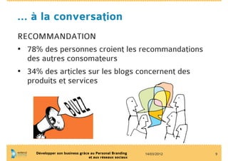 … à la conversation
RECOMMANDATION
•  78% des personnes croient les recommandations
   des autres consomateurs
•  34% des articles sur les blogs concernent des
   produits et services




    Développer son business grâce au Personal Branding    14/03/2012   9
                                 et aux réseaux sociaux
 