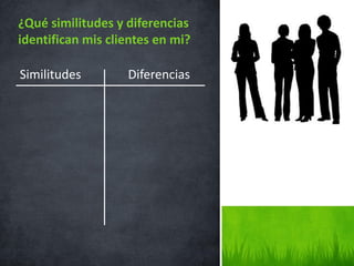 ¿Qué similitudes y diferencias
identifican mis clientes en mi?

Similitudes        Diferencias
 