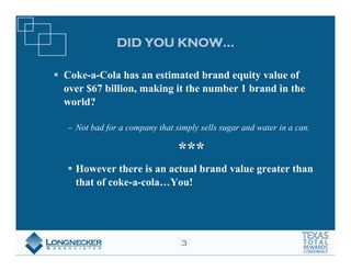 DID YOU KNOW…

Coke-a-Cola has an estimated brand equity value of
over $67 billion, making it the number 1 brand in the
world?

  Not bad for a company that simply sells sugar and water in a can.

                              ***
  However there is an actual brand value greater than
  that of coke-a-cola…You!




                               3
 