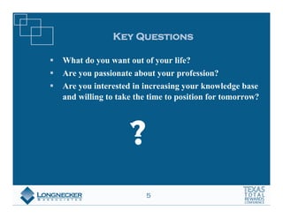 Key Questions

What do you want out of your life?
Are you passionate about your profession?
Are you interested in increasing your knowledge base
and willing to take the time to position for tomorrow?




                  ?
                      5
 
