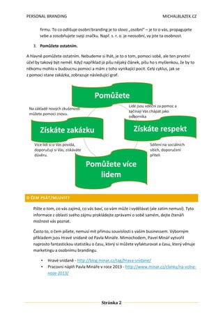 PERSONAL BRANDING

MICHALBLAZEK.CZ

firmu. To co odlišuje osobní branding je to slovo „osobní“ – je to o vás, propagujete
sebe a zosobňujete svoji značku. Např. s. r. o. je neosobní, vy jste ta osobnost.
3. Pomůžete ostatním.
A hlavně pomůžete ostatním. Nebudeme si lhát, je to o tom, pomoci sobě, ale ten prvotní
účel by takový být neměl. Když například já píšu nějaký článek, píšu ho s myšlenkou, že by to
někomu mohlo v budoucnu pomoci a mám z toho vynikající pocit. Celý cyklus, jak se
z pomoci stane zakázka, zobrazuje následující graf.

O ČEM PSÁT/MLUVIT?

Pište o tom, co vás zajímá, co vás baví, co vám může i vydělávat (ale zatím nemusí). Tyto
informace z oblasti svého zájmu prokládejte zprávami o sobě samém, dejte čtenáři
možnost vás poznat.
Často to, o čem píšete, nemusí mít přímou souvislosti s vaším businessem. Výborným
příkladem jsou Hravé snídaně od Pavla Mináře. Mimochodem, Pavel Minář vytvořil
naprosto fantastickou statistiku o času, který si můžete vyfakturovat a času, který věnuje
marketingu a osobnímu brandingu.
•
•

Hravé snídaně - http://blog.minar.cz/tag/hrava-snidane/
Pracovní náplň Pavla Mináře v roce 2013 - http://www.minar.cz/clanky/na-volnenoze-2013/

Stránka 2

 