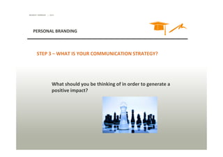 MONDAY SEMINAR

| 2014

PERSONAL BRANDING

STEP 3 – WHAT IS YOUR COMMUNICATION STRATEGY?

What should you be thinking of i...